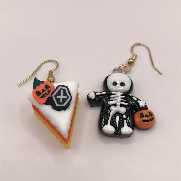 Hand Crafted Jewelry - Mismatch Halloween Charm Earrings Candy Corn Cake & Trick or Treat Skeleton
